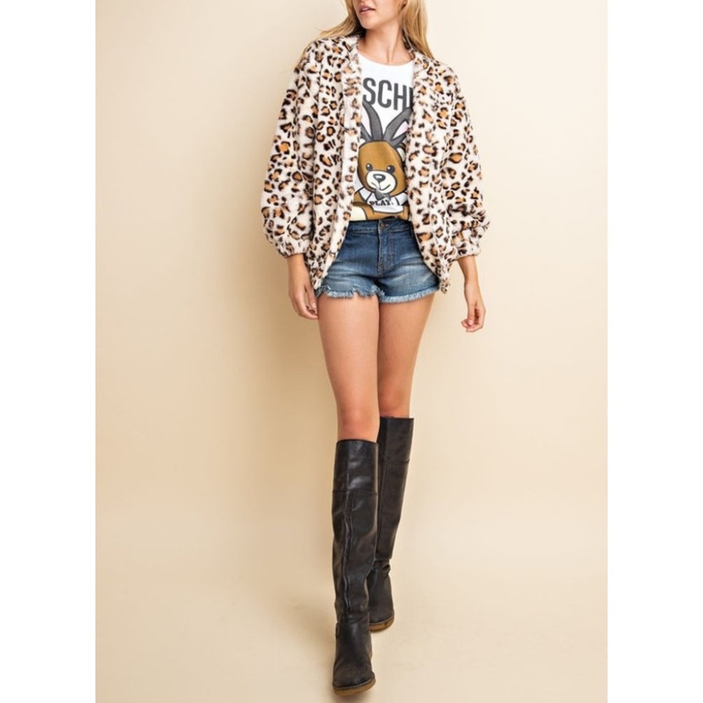 Ivory Brown Leopard Faux Fur Bomber Jacket Coat - Picture 6 of 7